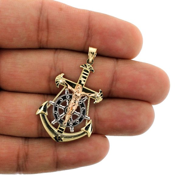 Real 10K Yellow Gold Anchor Cross Pendant - Picture 1 of 5